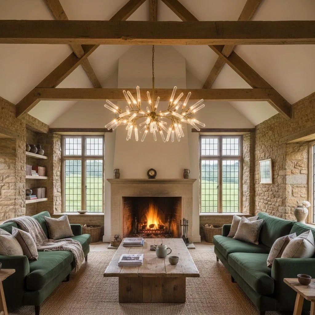 Living room with stone walls, large windows, a fireplace with a fire burning, and a modern chandelier hanging from a wooden-beamed ceiling. There are two green sofas with beige pillows, a wooden coffee table, and bookshelves.