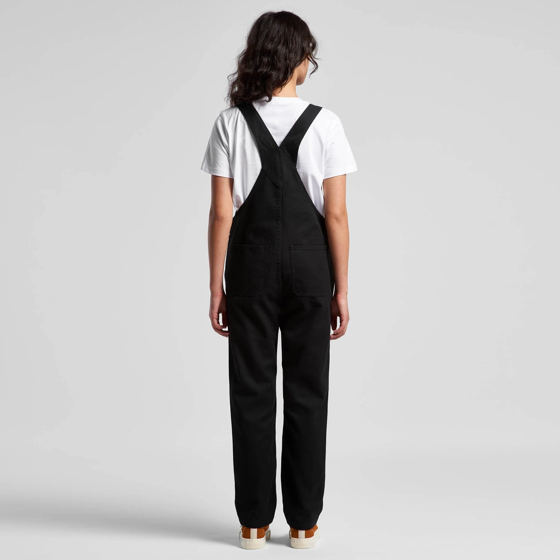 Back view of the Brand Me Up women's canvas overall