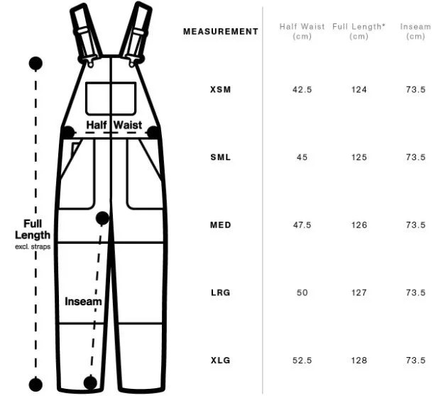 Brand Me Up women's canvas overall size guide