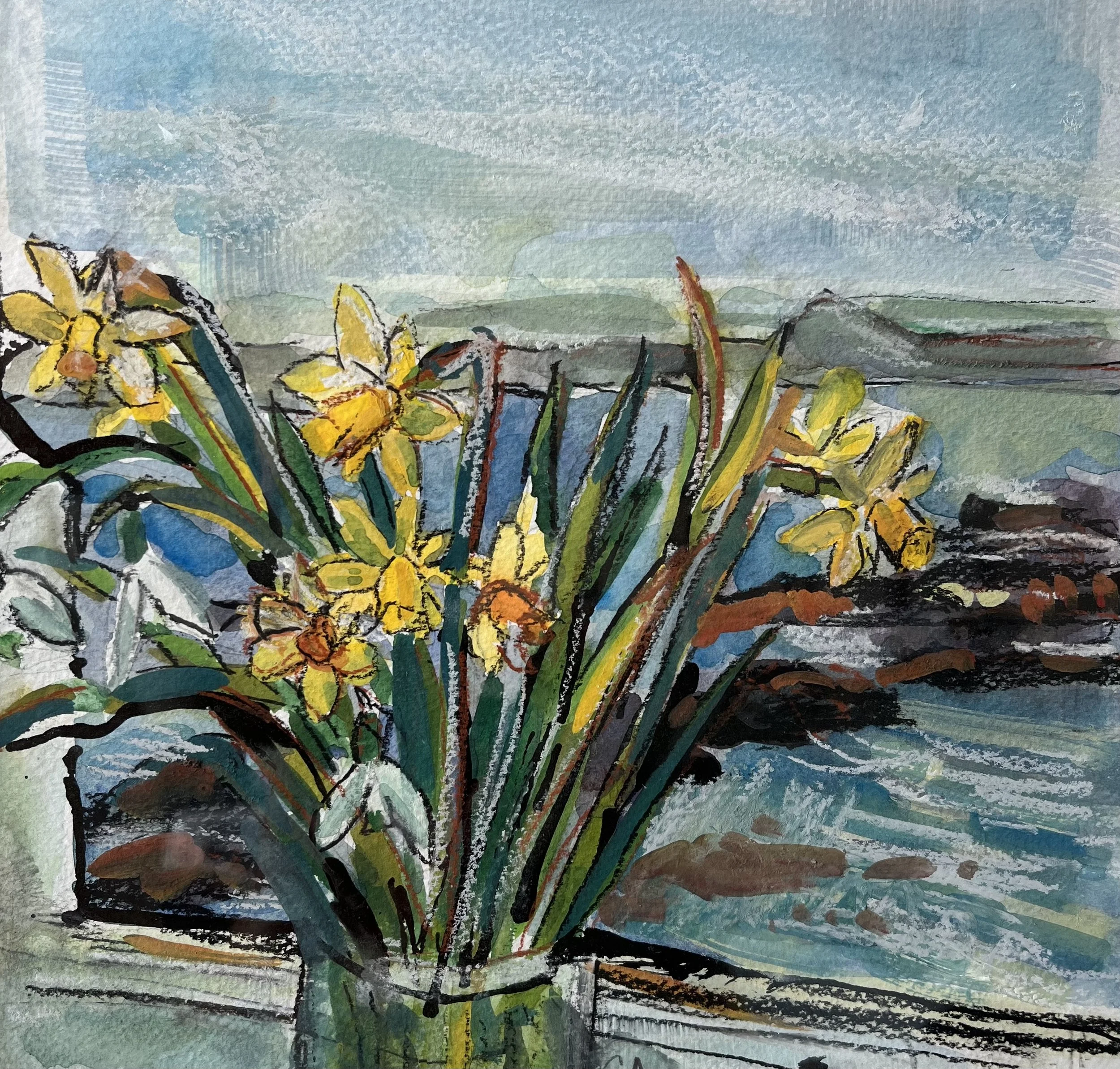 Watercolor painting of yellow flowers with black outlines and green stems against a blue sky with clouds.