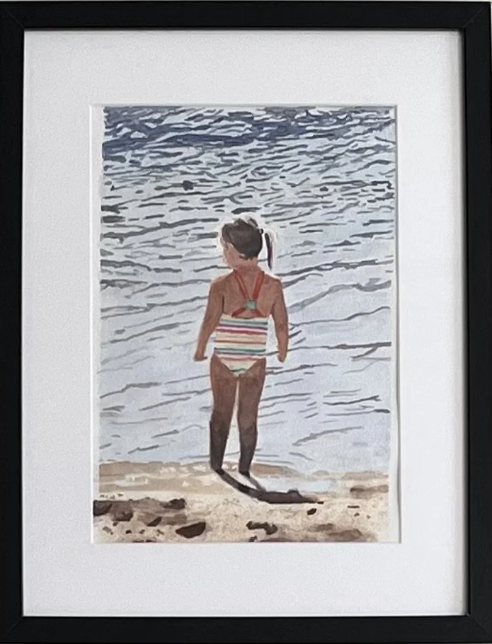 Painting of a young girl in a striped swimsuit standing on a beach, facing the ocean.