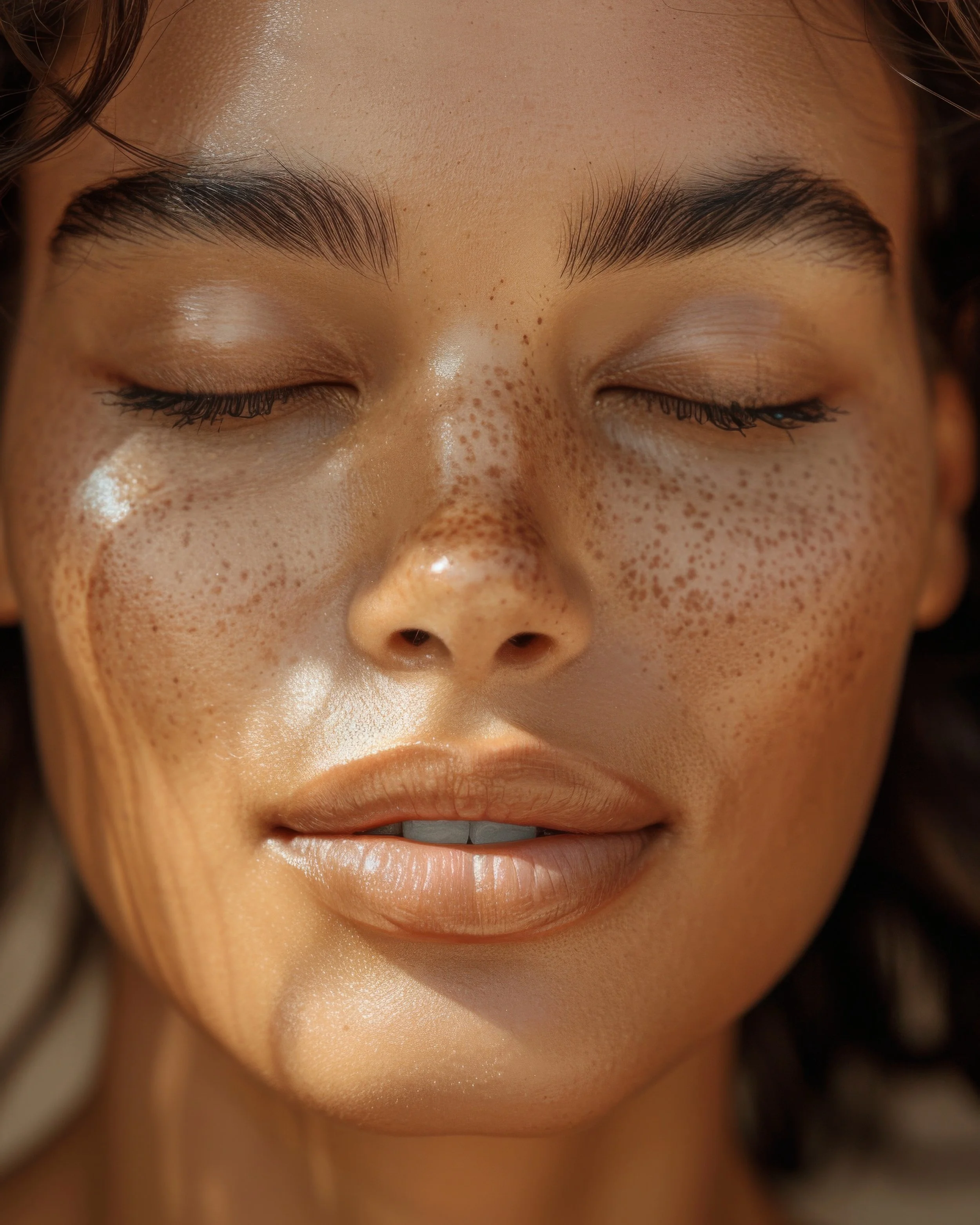 Close-up of a woman's face with closed eyes, showing natural skin with freckles, glossy lips, and well-groomed eyebrows.