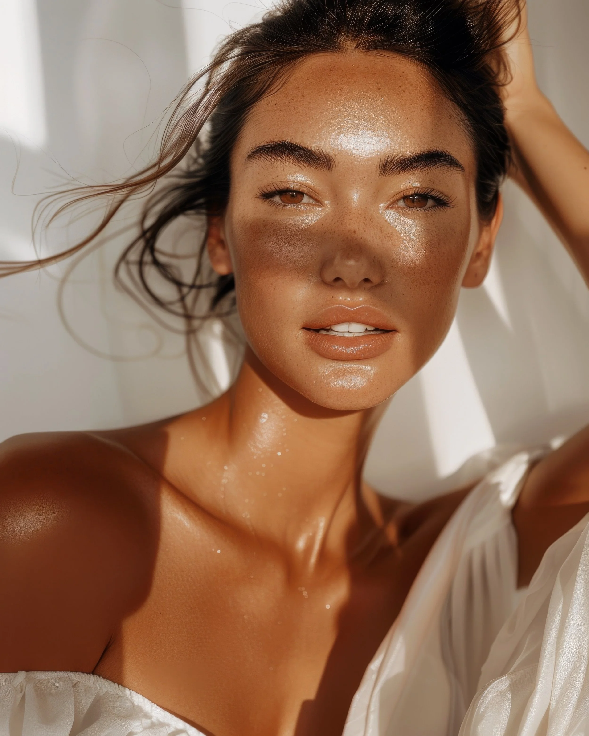 Close-up of a woman with tan skin and brown eyes, smiling slightly, with sunlight on her face and shoulder, wearing a white off-shoulder top.