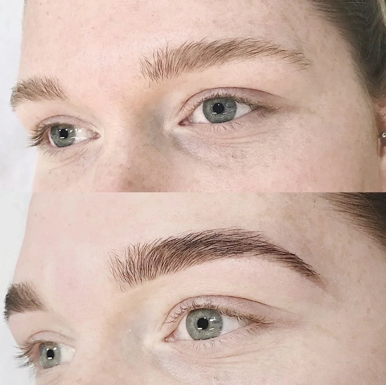 Close-up of a person's eyes and eyebrows showing a before and after comparison of eyebrow enhancement or makeup application.