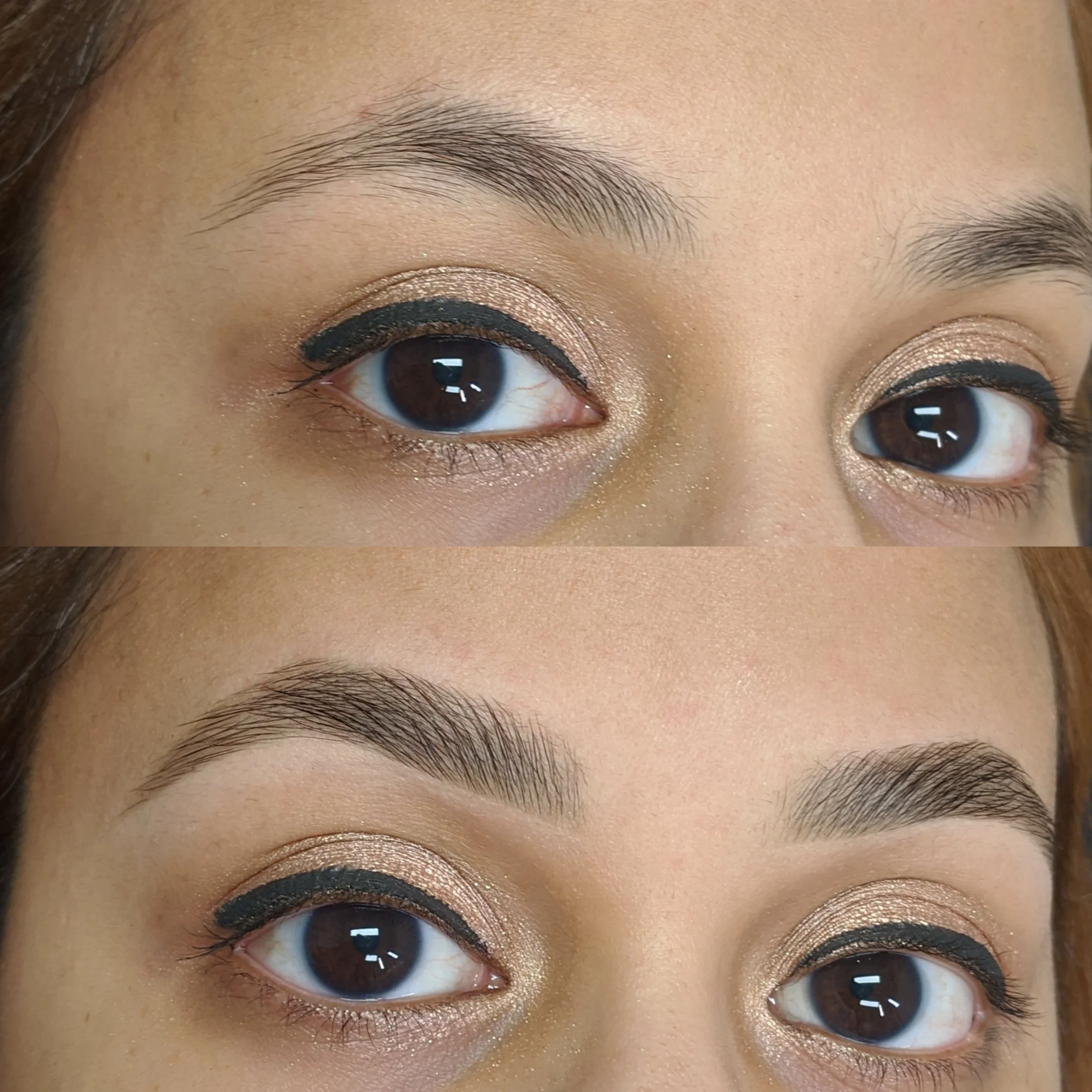 Close-up of a woman's eyes with eye makeup, featuring gold eyeshadow and black eyeliner, before and after eyebrow grooming.