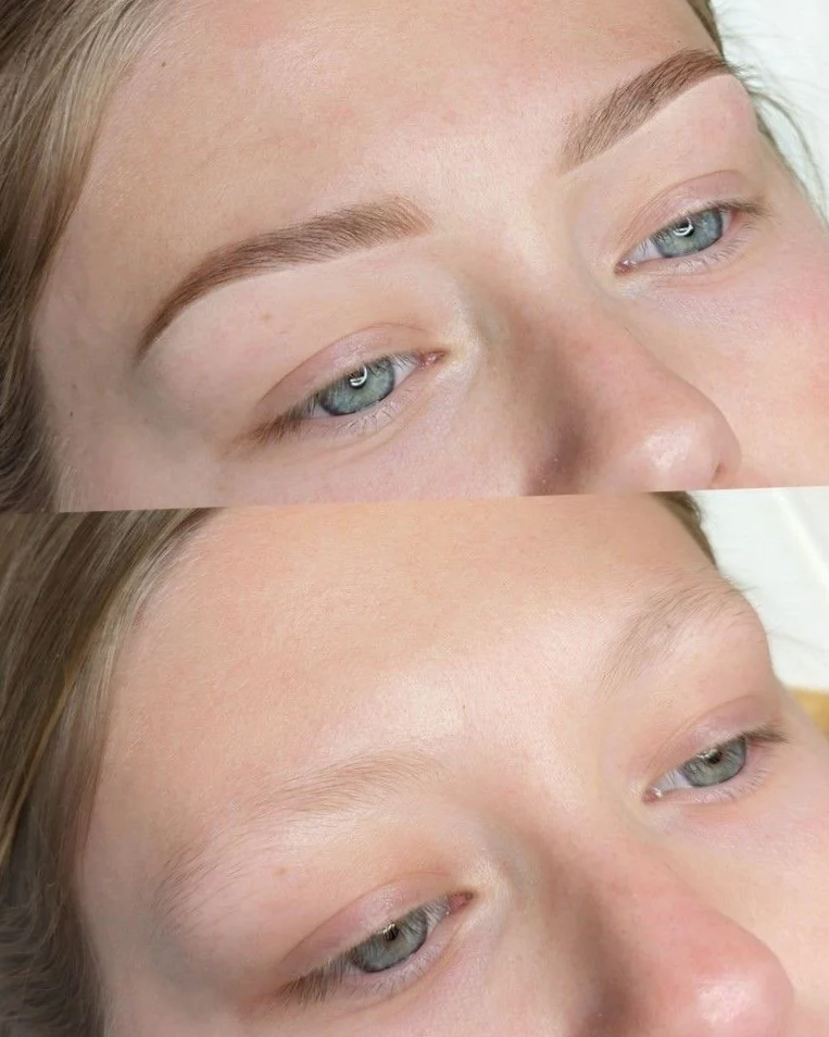 Comparison of eyebrows before and after grooming, showing fuller, shaped eyebrows in the top image and natural, less defined eyebrows in the bottom image.