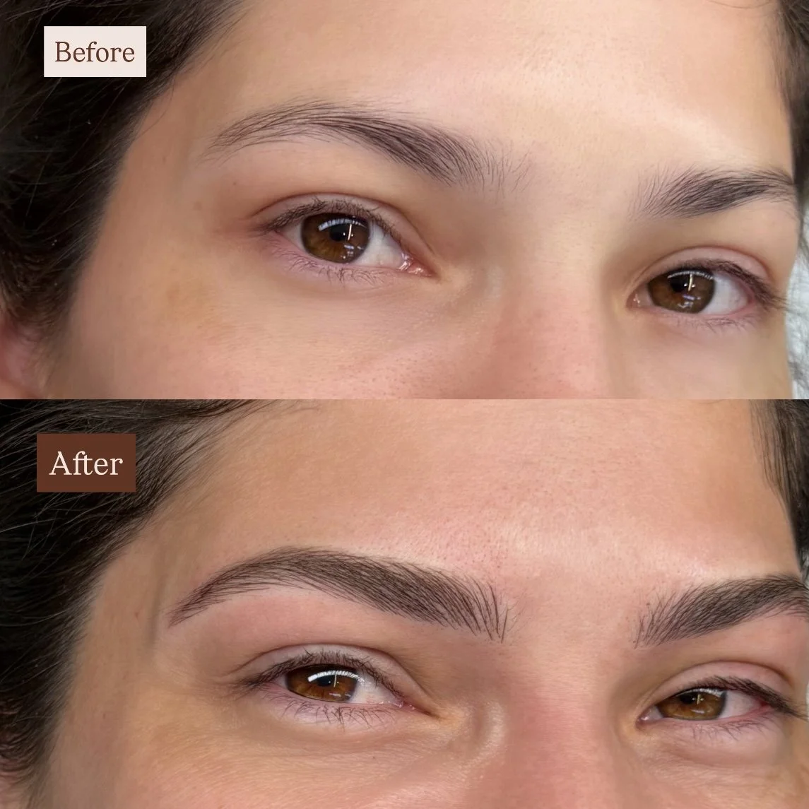 Comparison image showing a person's eyebrows before and after cosmetic eyebrow enhancement. The 'before' shows natural, sparse eyebrows, while the 'after' displays fuller, well-defined eyebrows.