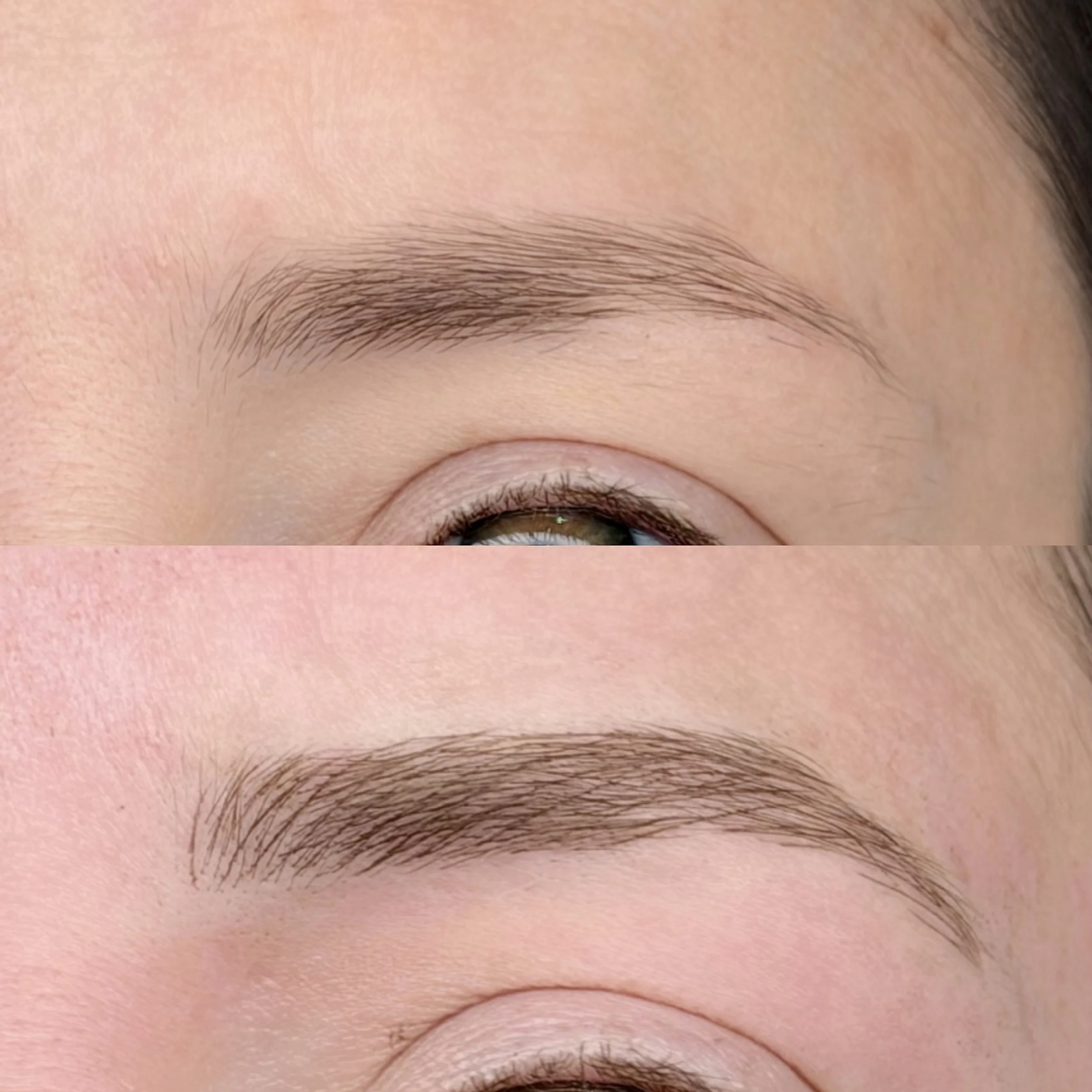 Close-up of a person's eyebrows and eye area, showing a before and after comparison of eyebrow grooming or makeup application.