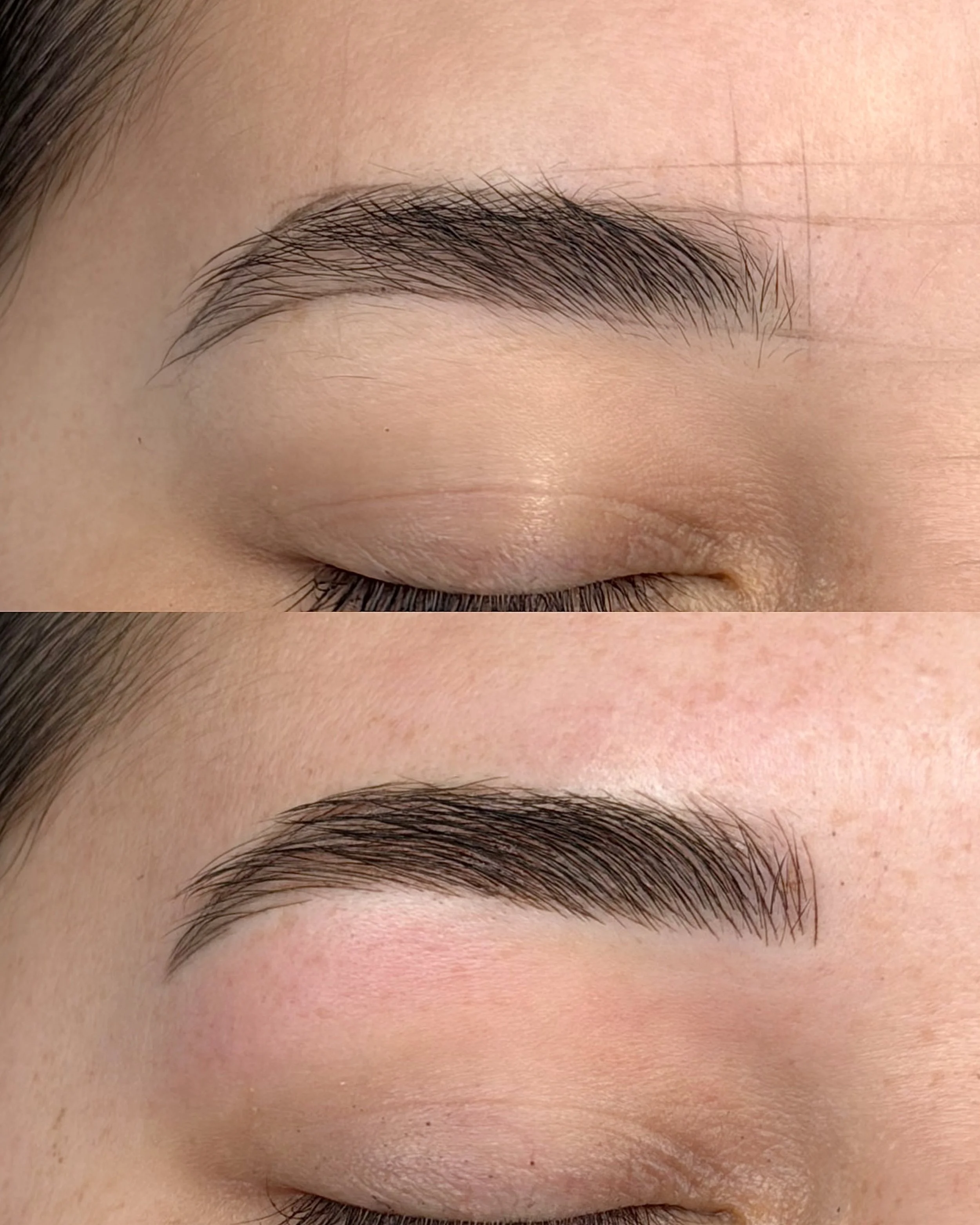 Close-up of a person's eye area showing a comparison of natural and styled eyebrows, with the upper image displaying natural, bushy eyebrows and the lower image showing well-groomed, shaped eyebrows.