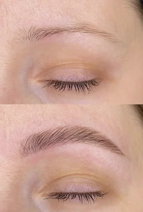 Close-up of a person's eyebrow being shaped or filled in, with the top part showing an eyebrow with sparse hair and the bottom part showing a well-defined, fuller eyebrow.