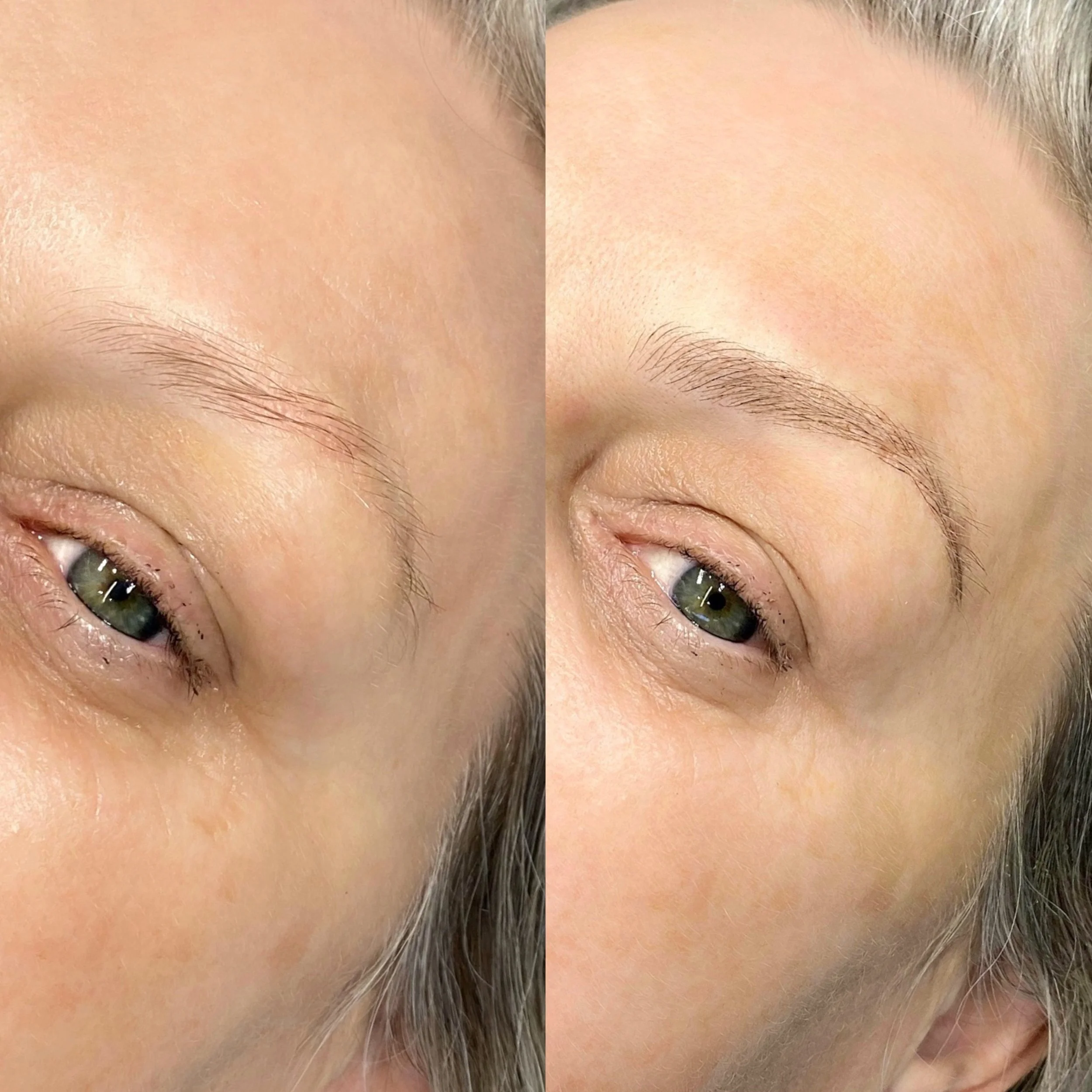 Close-up of a woman's face showing before and after eyebrow enhancement, with natural light highlighting skin texture and facial features.