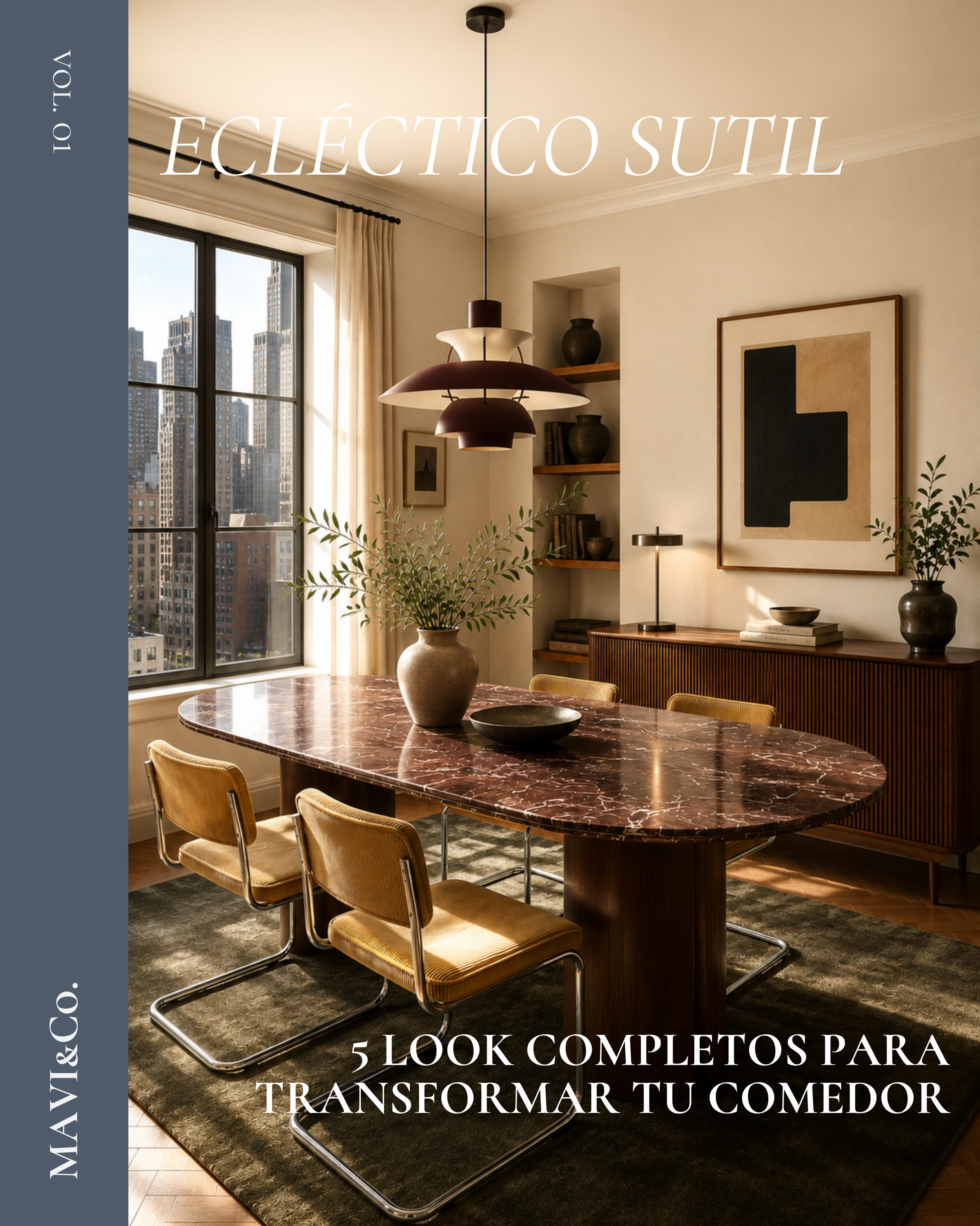 Comedor ecléctico sutil con mobiliario combinado, detalles artísticos, materiales nobles y una composición sofisticada.