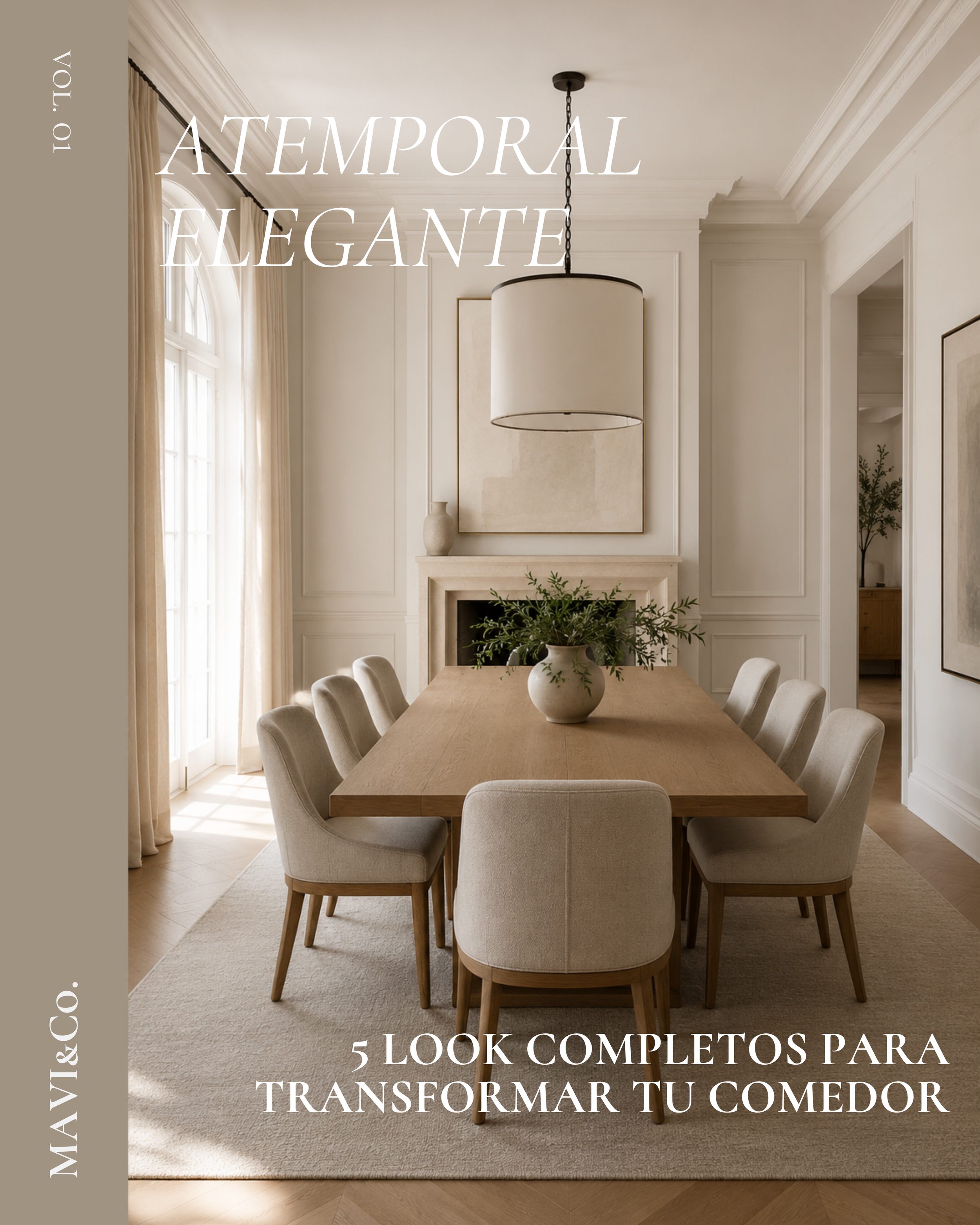 Comedor atemporal elegante con mesa de madera, sillas tapizadas, molduras clásicas y una paleta neutra de estilo sofisticado.