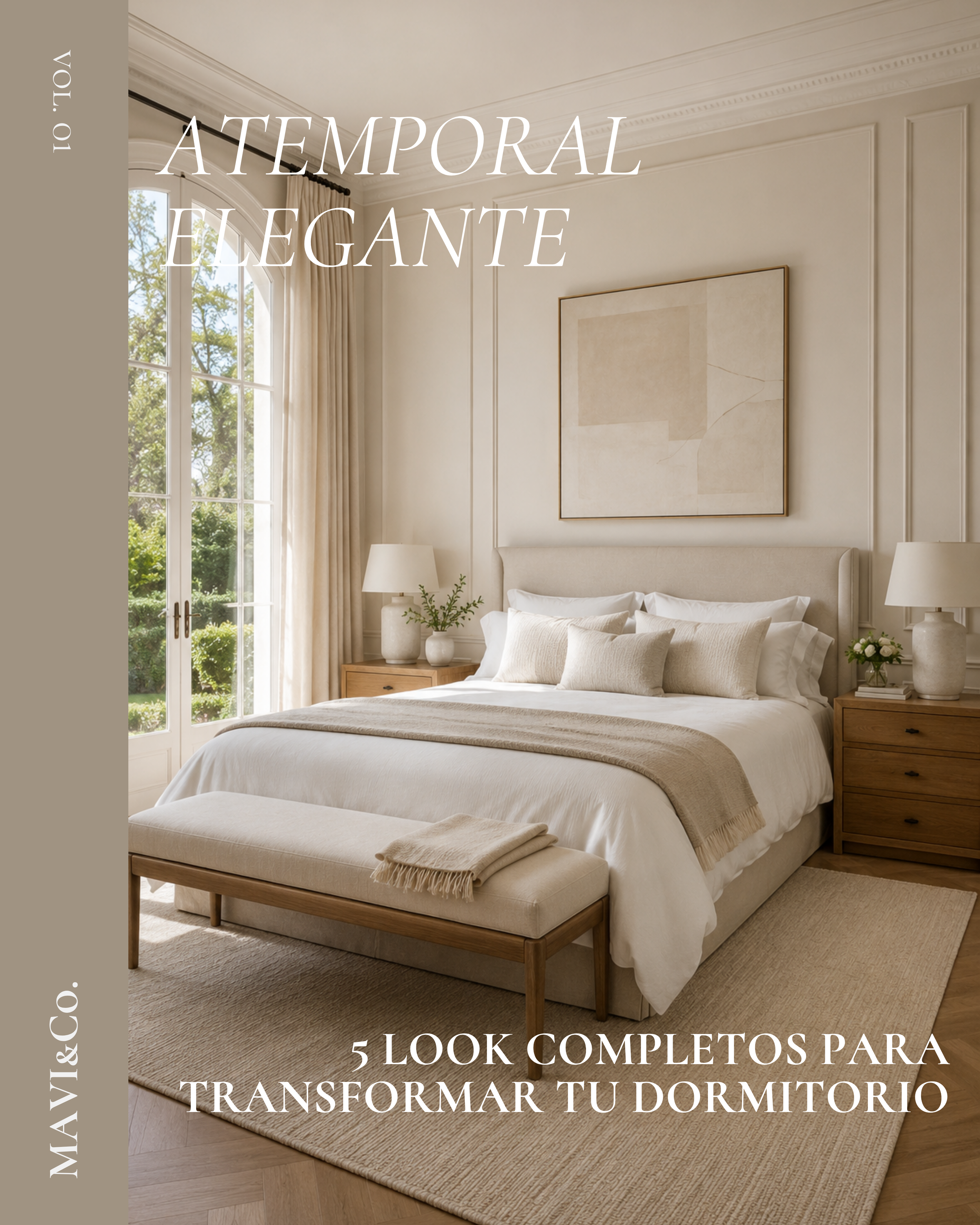 Dormitorio atemporal elegante con ropa de cama blanca, cabecero tapizado, madera cálida y una atmósfera serena y luminosa.