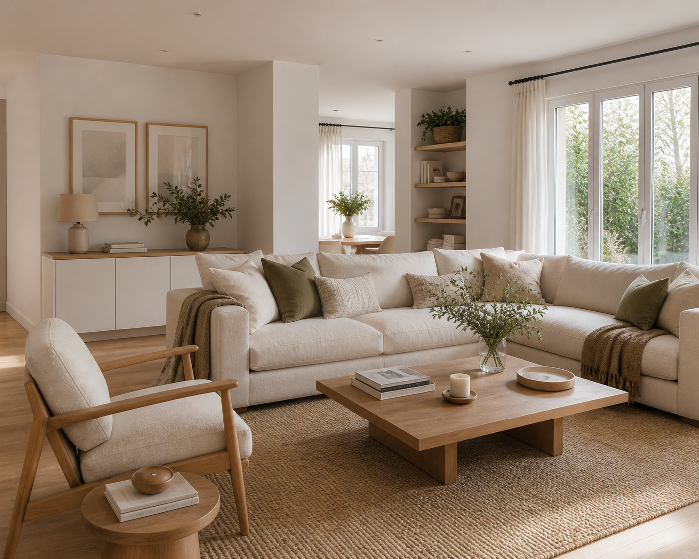 Sala de estar luminosa con sofá beige, sillón de madera y cojines verdes y beige, mesa de madera con libros y decoración, ventanas grandes con cortinas blancas y plantas verdes.