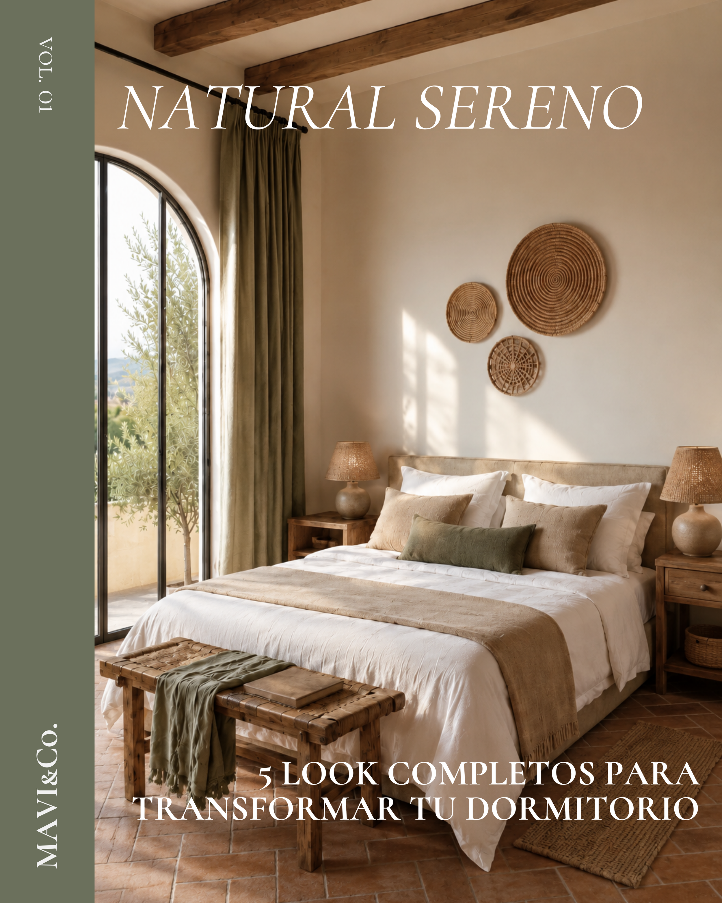 Dormitorio natural sereno con ropa de cama de lino, madera natural, tonos oliva y una decoración mediterránea calmada.