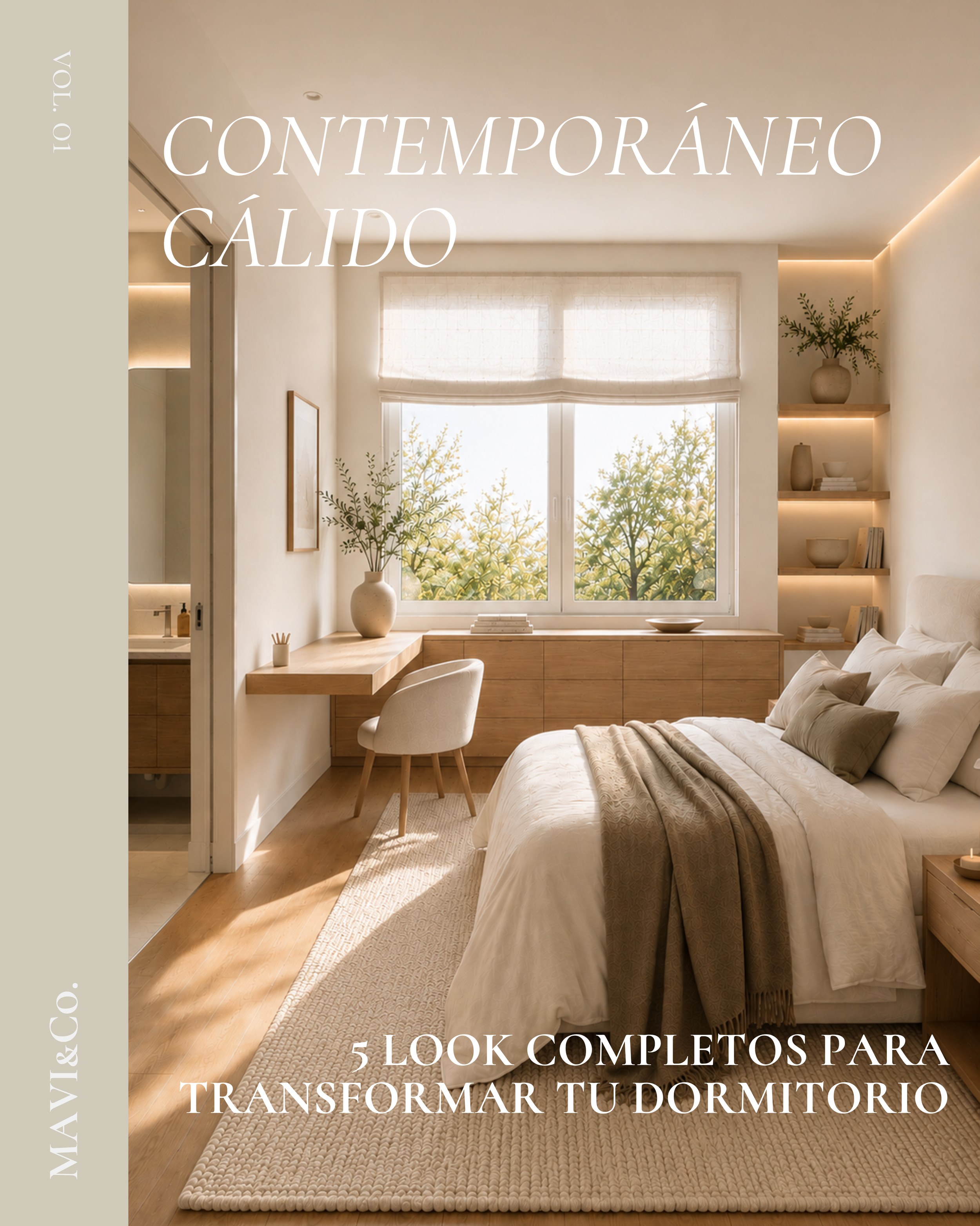 Dormitorio contemporáneo cálido con textiles naturales, tonos tierra, mobiliario de líneas limpias y ambiente relajado.