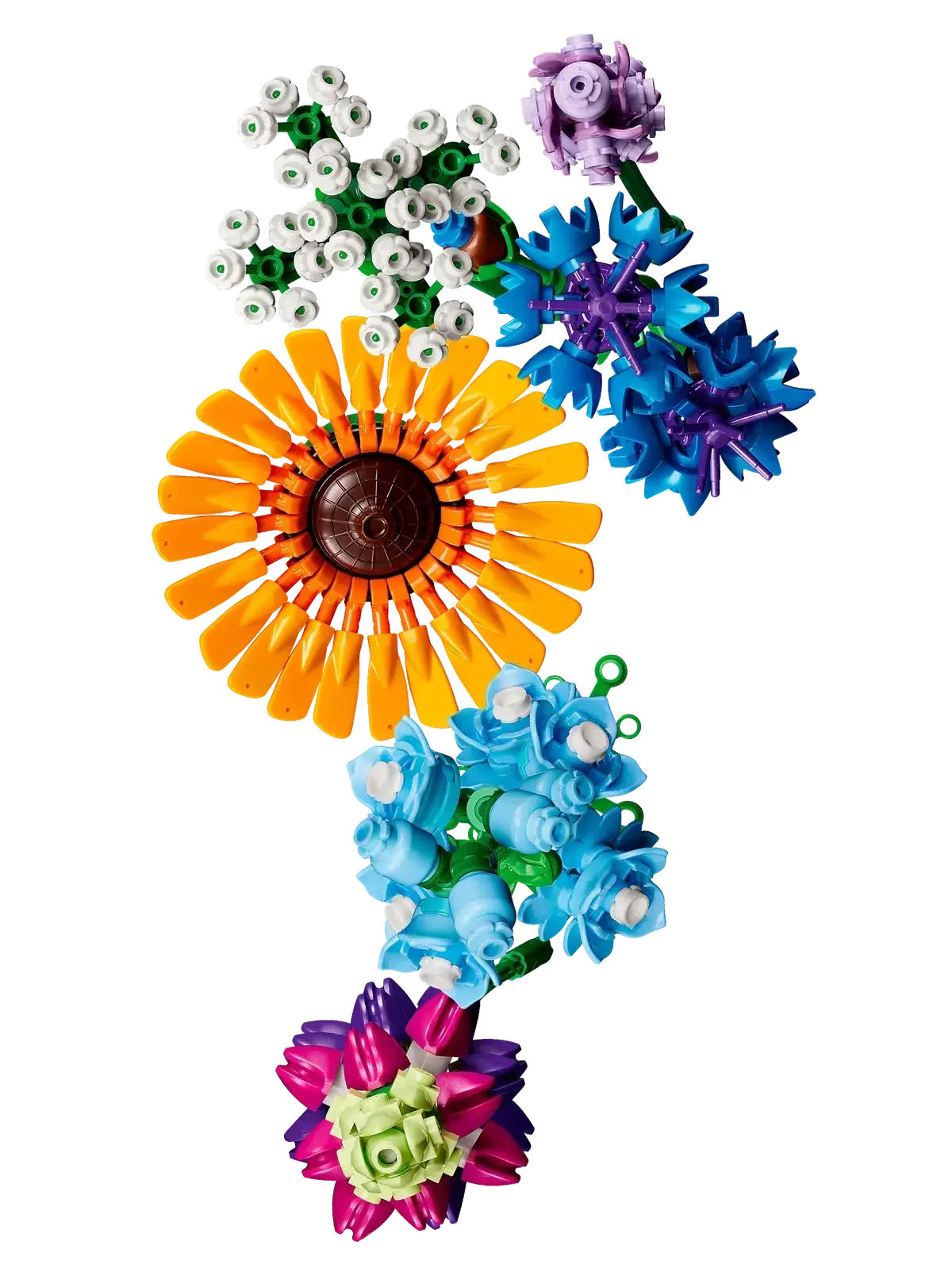 Colorful plastic building blocks arranged in the shape of a flower with various types of blossoms and colors.