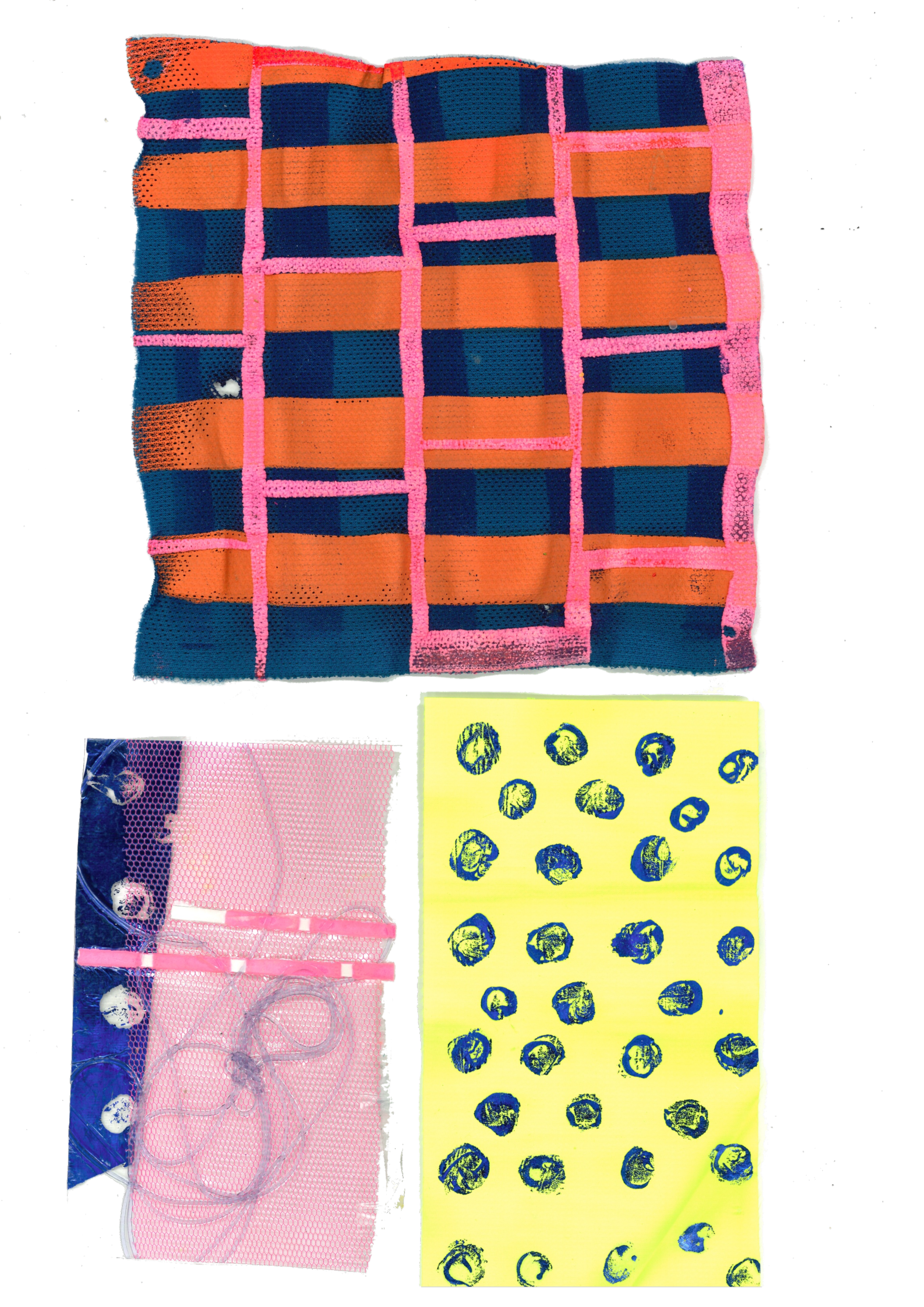 Three different colorful fabric or material pieces, including one with a checkered pattern of blue, orange, and pink colors, a pink mesh fabric with white buttons and cords, and a yellow fabric with blue circular scribbles or markings.