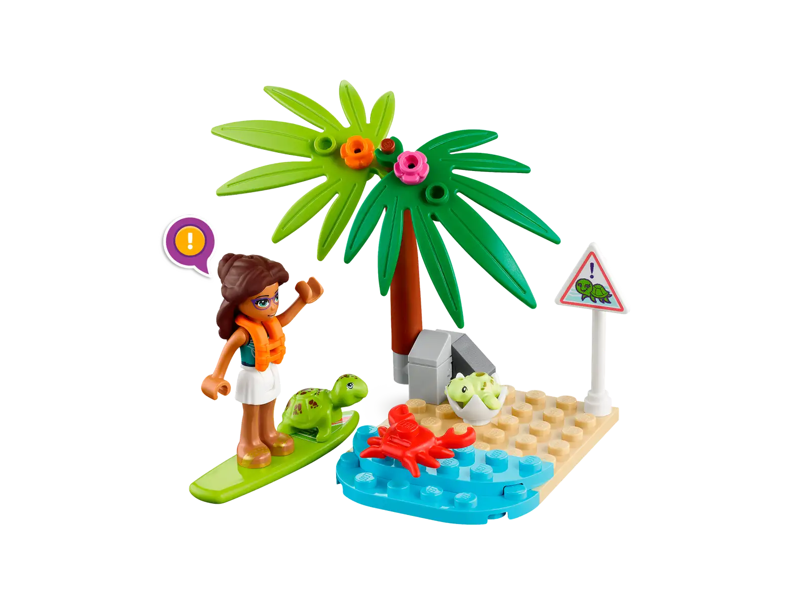 Toy playset featuring a female figure with glasses, standing on a green surfboard, near a small pond with a red crab and a frog, under a palm tree with two small flowers, and a warning sign with a turtle symbol.