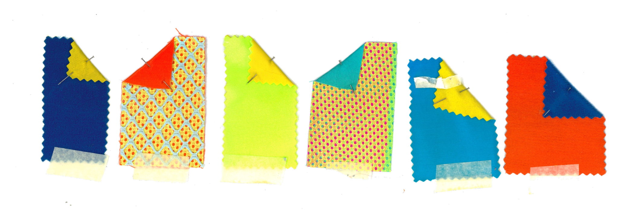 Six colorful fabric pieces pinned in a row, each with unique patterns and colors.
