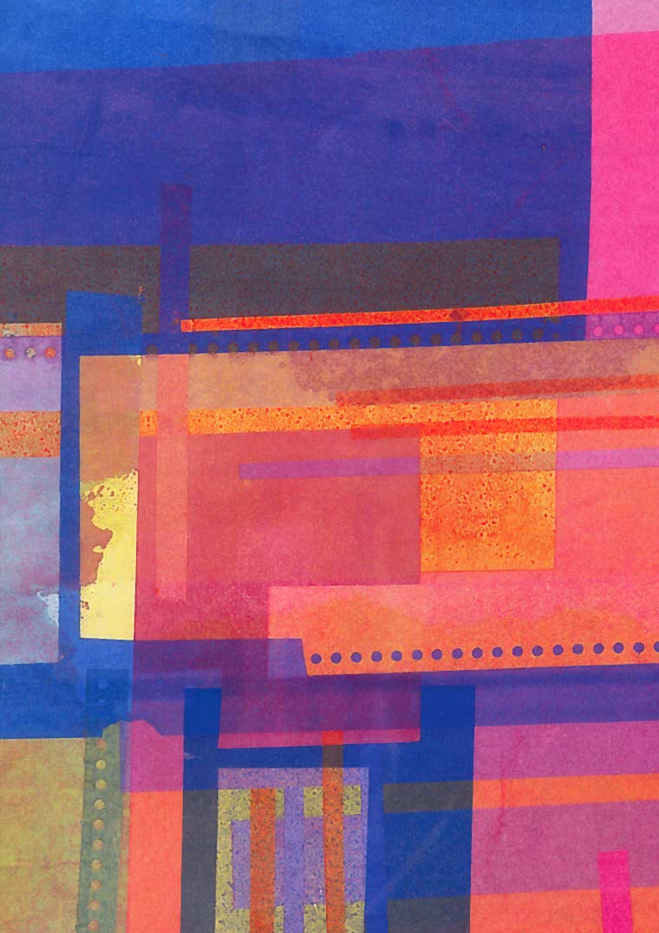 Abstract digital artwork featuring layered rectangles and lines in vibrant shades of pink, orange, blue, purple, and yellow.