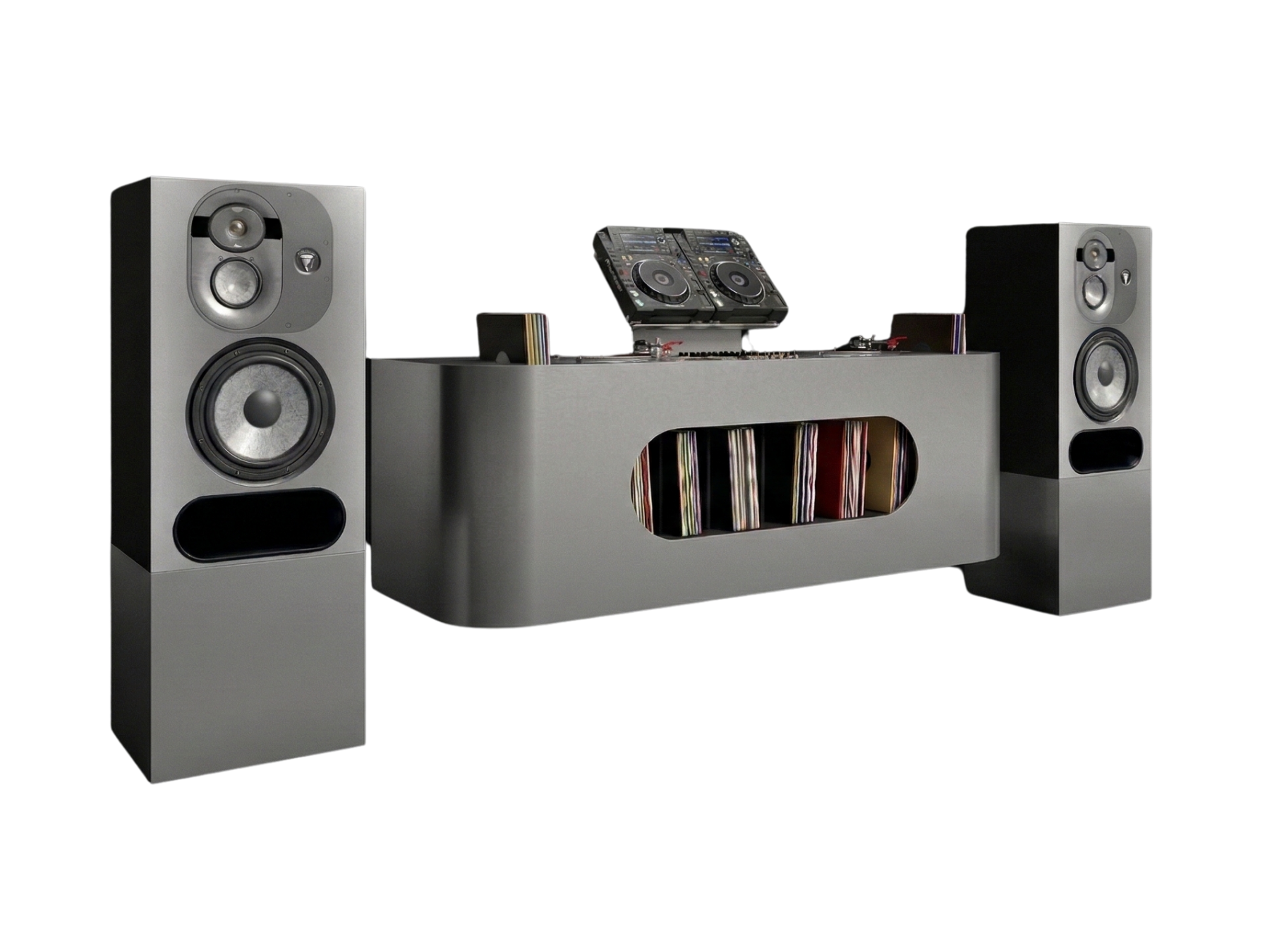Une paire d'enceintes haut de gamme avec un meuble de rangement contenant des disques vinyles et un DJ avec des platines, sur un fond noir.