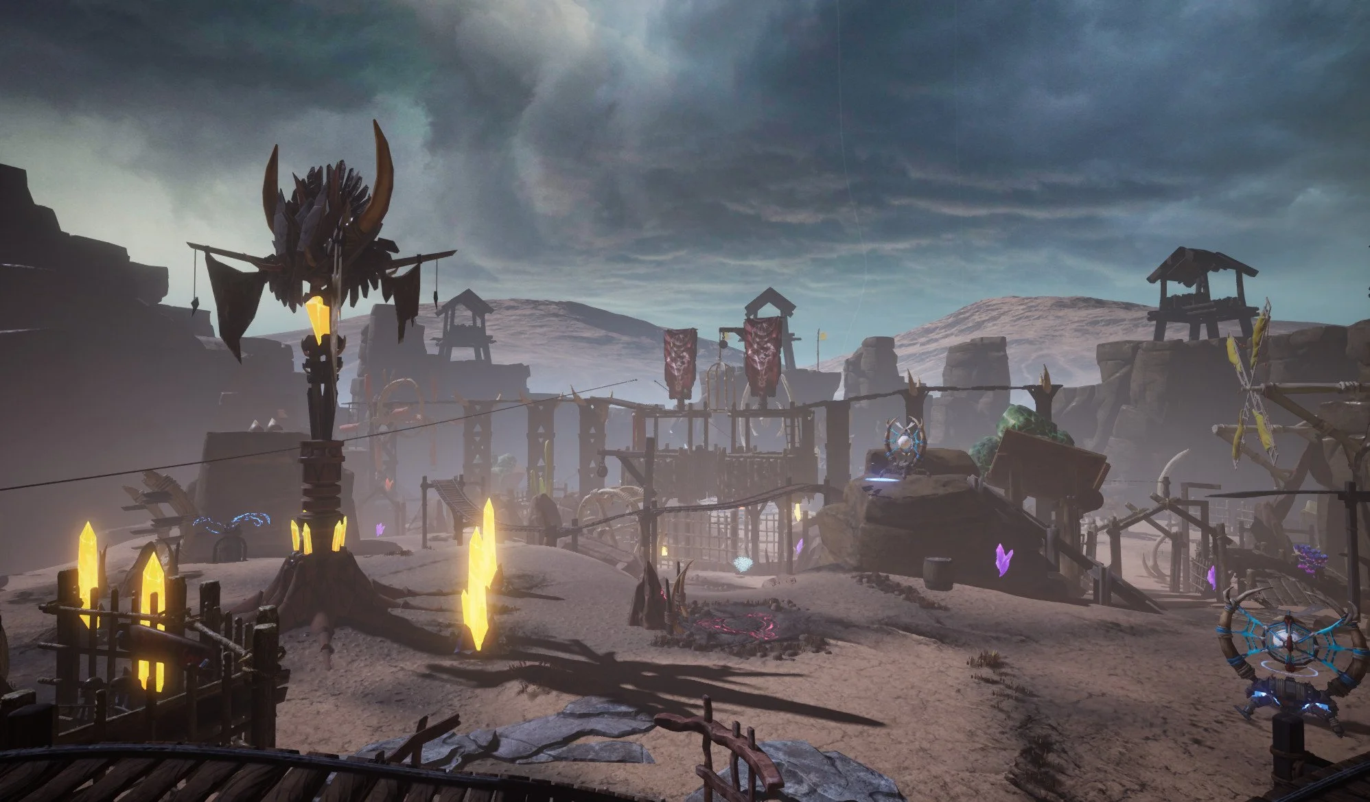 Unreal Engine in-game desert scene with glowing crystals and banners.