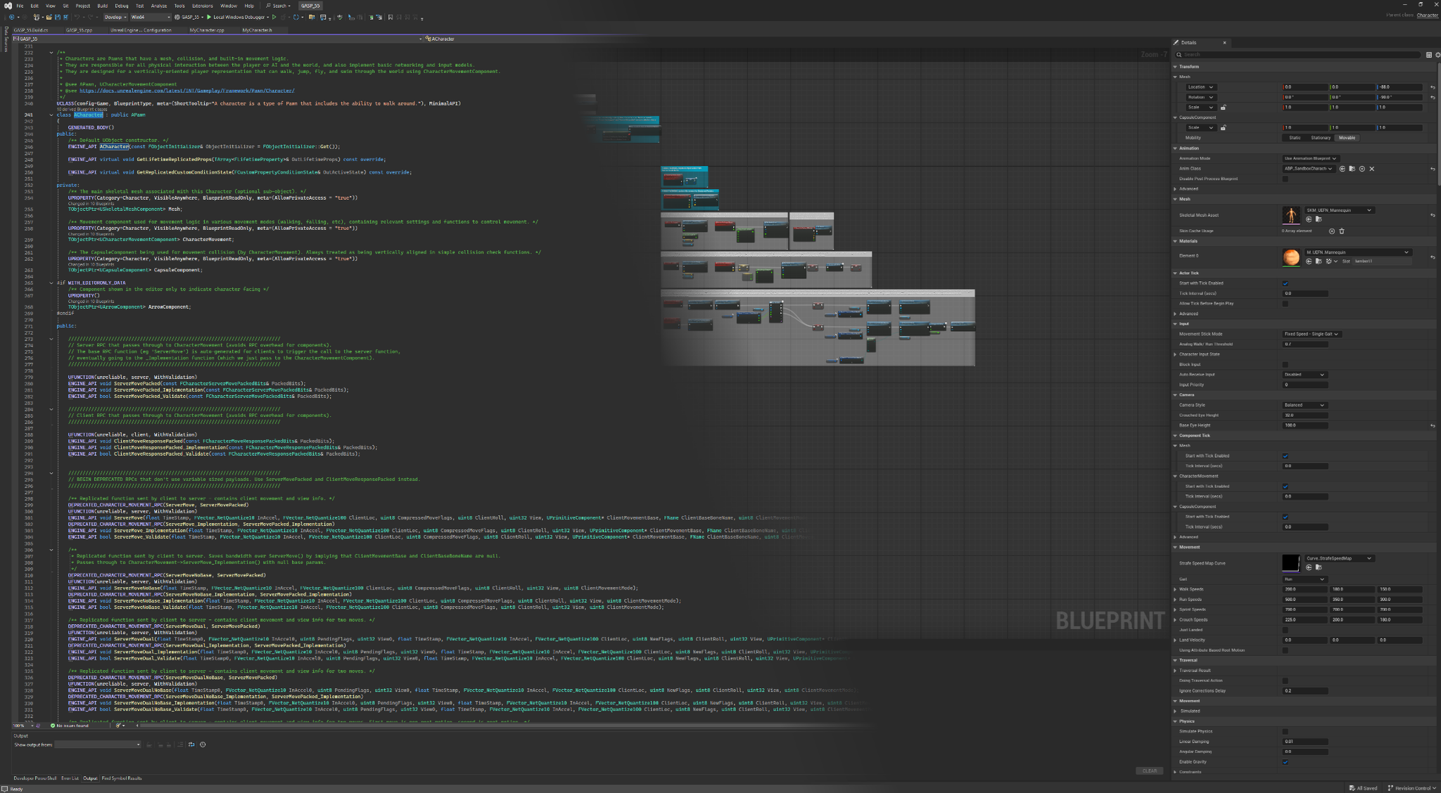 Visual Studio C++ code and Unreal Engine Blueprint graph.