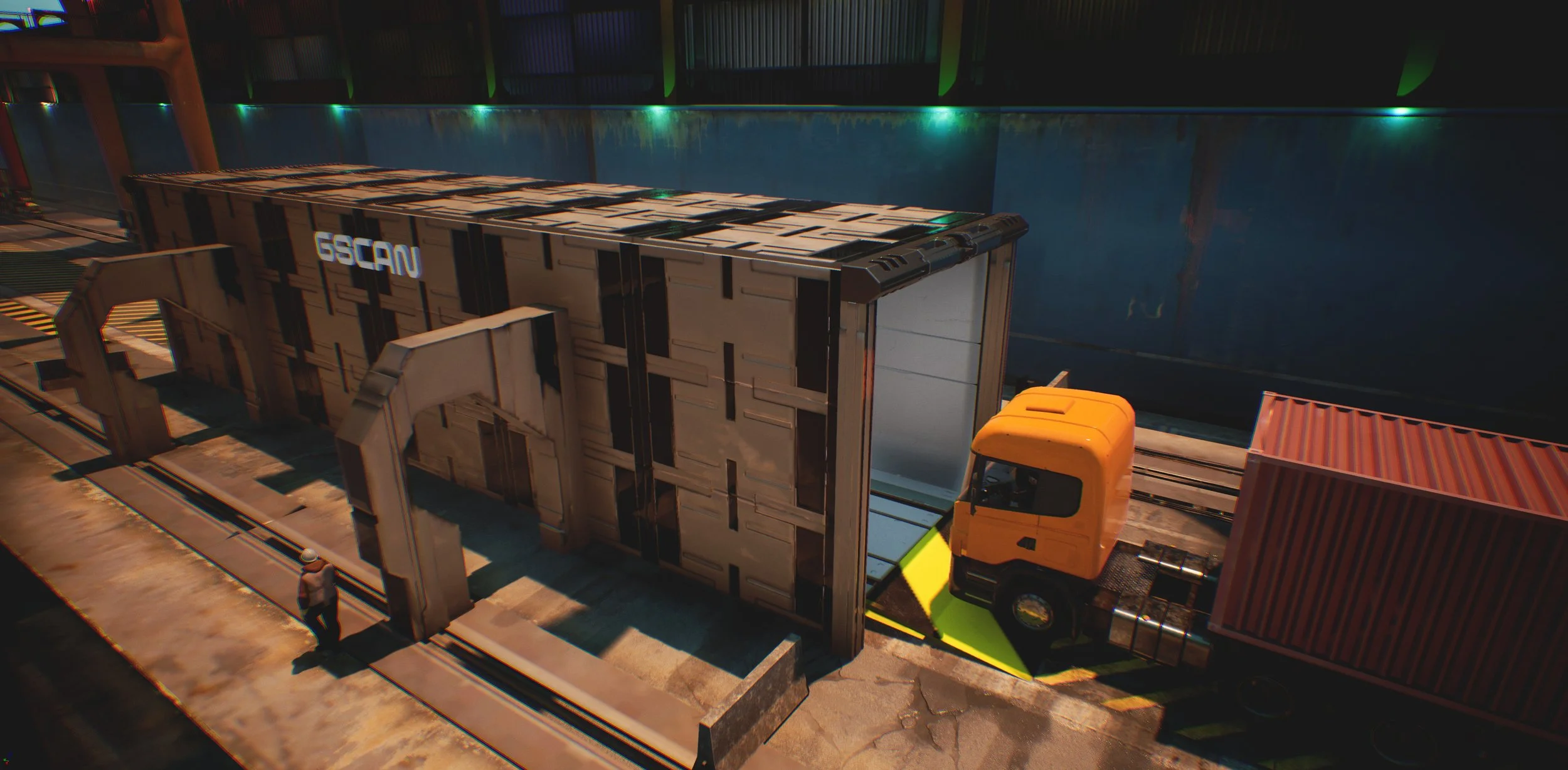 Truck entering a containerized muon tomography scanner at a port.