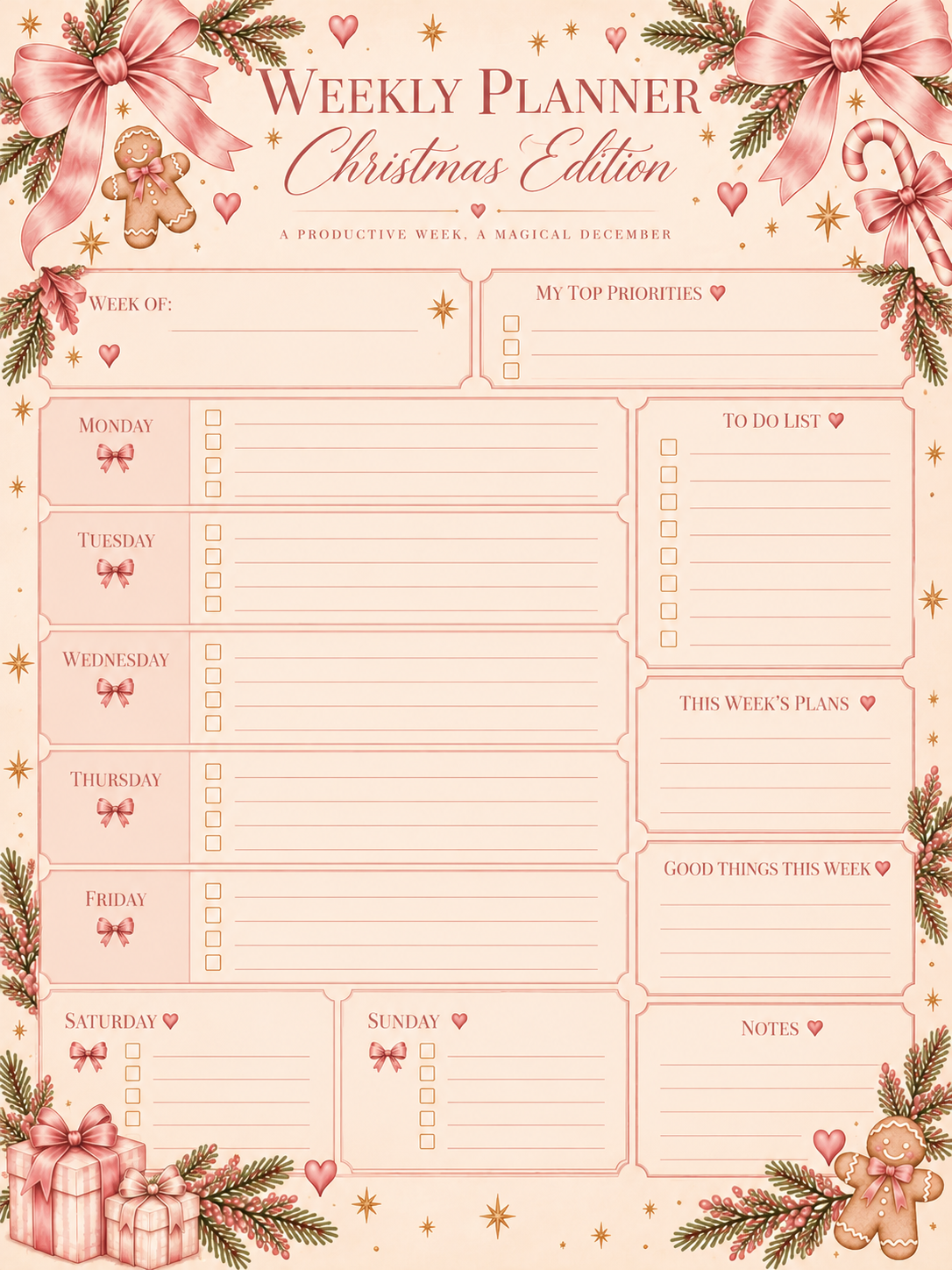 Christmas Bow Digital Weekly Planner 🎀