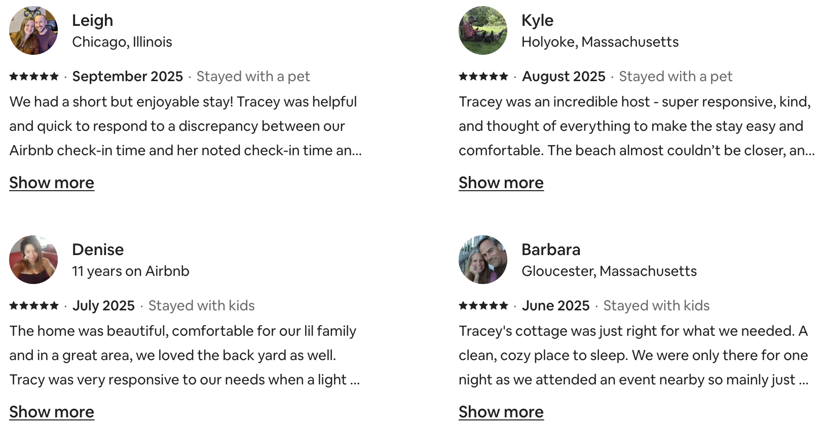 Screenshot of four reviews with user names, locations, star ratings, months and years, and comments about their Airbnb stays.