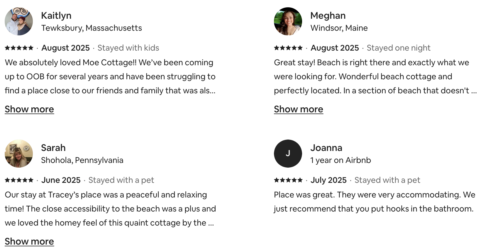 Screenshots of four reviews from Airbnb guests. The reviews are for different locations and dates, mentioning positive experiences, nearby beach access, peaceful stays, and recommendations.