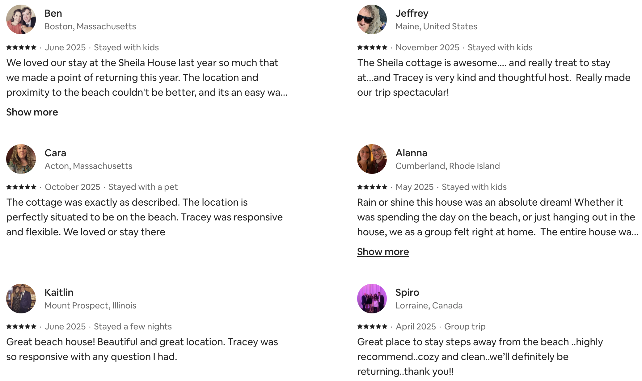 Screenshot of multiple customer reviews for a cottage rental, featuring profile pictures, names, locations, ratings, review dates, and feedback. Reviewers mention a beachside location, responsiveness, and overall positive experiences.
