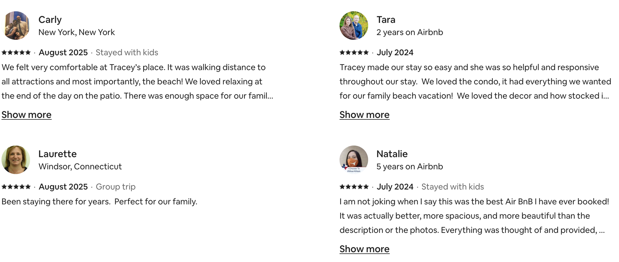 Screenshot of four Airbnb guest reviews with star ratings, reviewer names, locations, and review dates, sharing positive experiences with their stays.