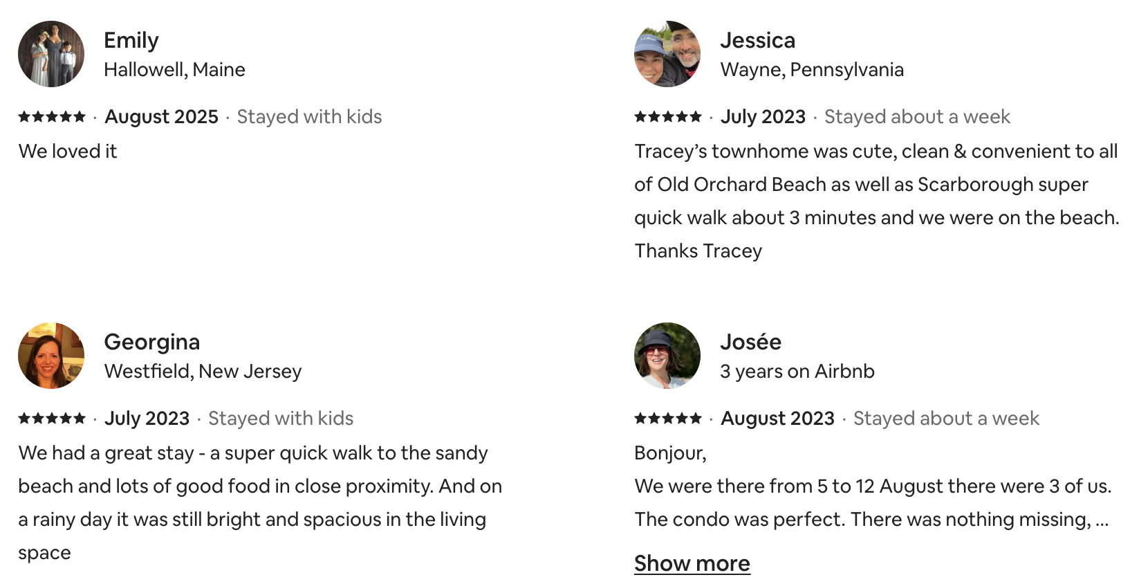 Collection of four Airbnb guest reviews with profile pictures, locations, and comments about their stays in Maine, Pennsylvania, and New Jersey, mentioning beaches, walkability, and condo amenities.