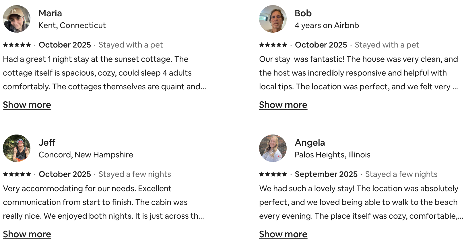 Customer reviews for a vacation rental, including photos of four guests and their location details.