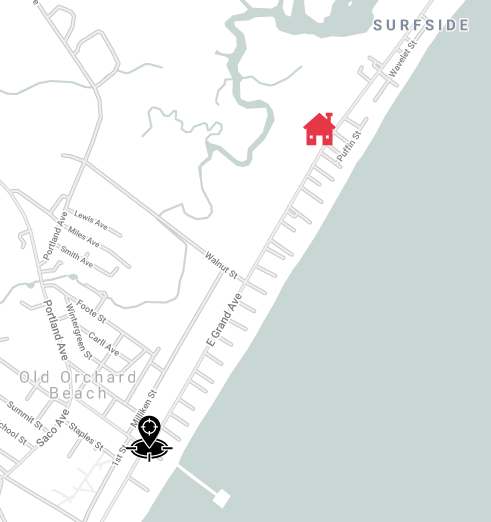 Map showing the location of a house near the water, with streets and landmarks including Old Orchard Beach, Portland Ave, and Walnut St.