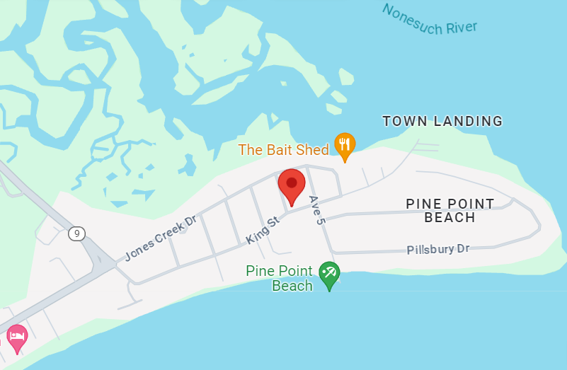 Map of Pine Point Beach area showing The Bait Shed restaurant, Pine Point Beach, and nearby streets such as King Street and Avenue 5.