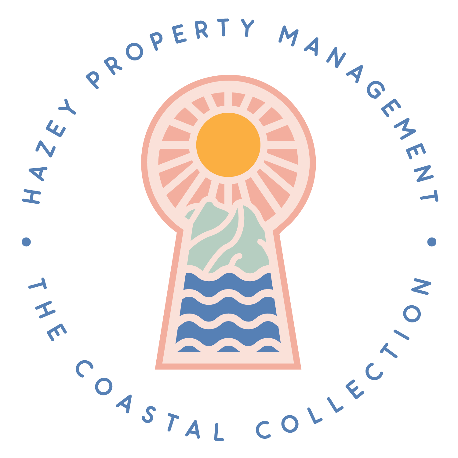 Logo for the Hazey Property Management Coastal Collection featuring a keyhole with a sun, mountain, water, and waves inside.