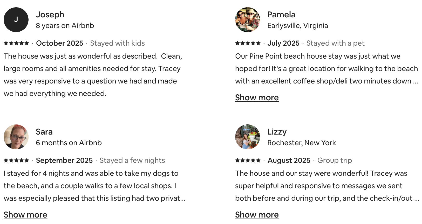 Screenshot of four Airbnb guest reviews with profile pictures, names, locations, stay dates, ratings, and comments.