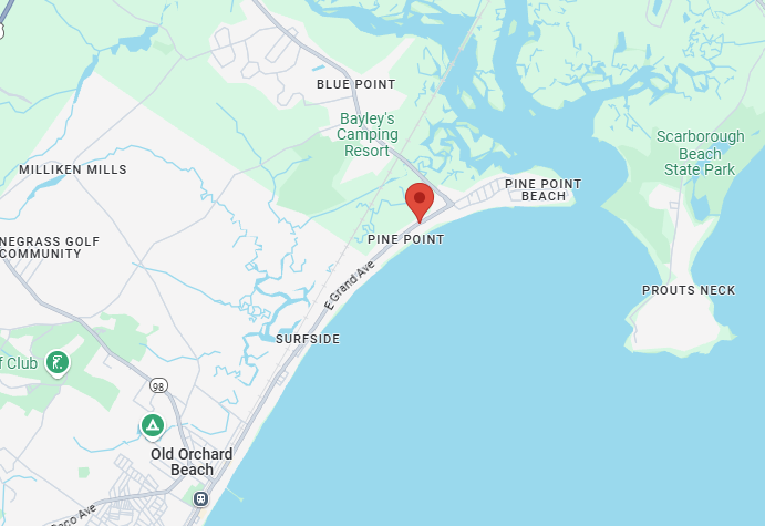 Map showing Pine Point, Pine Point Beach, with nearby areas including Blue Point, Prouts Neck, and Old Orchard Beach on the coast.