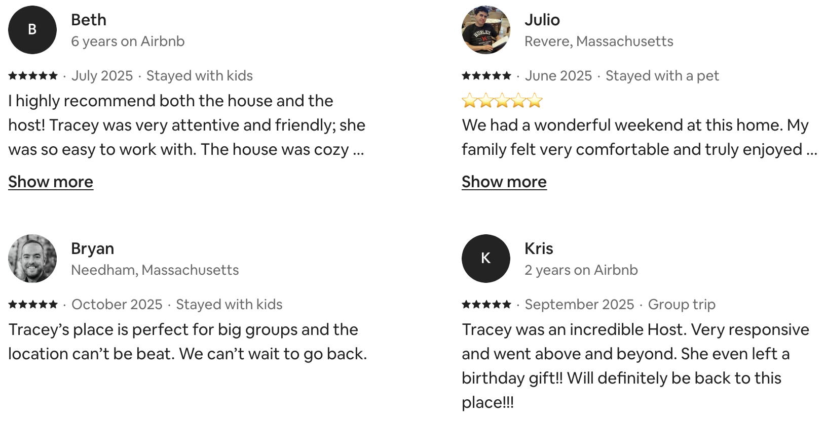 Screenshot of four Airbnb reviews from travelers Beth, Julio, Bryan, and Kris, with star ratings, locations, dates, and comments about their stays.