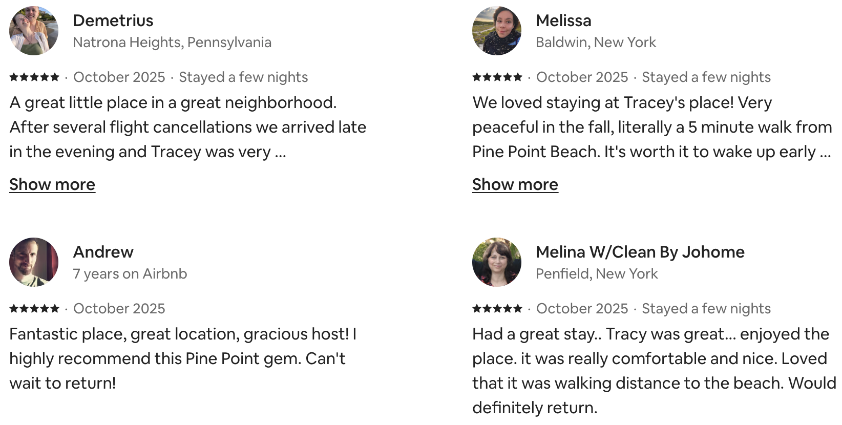 Reviews of a vacation rental from four different guests, with their names, locations, and star ratings displayed in a grid layout. Each review includes a brief comment about their stay at Pine Point Beach in October 2025.