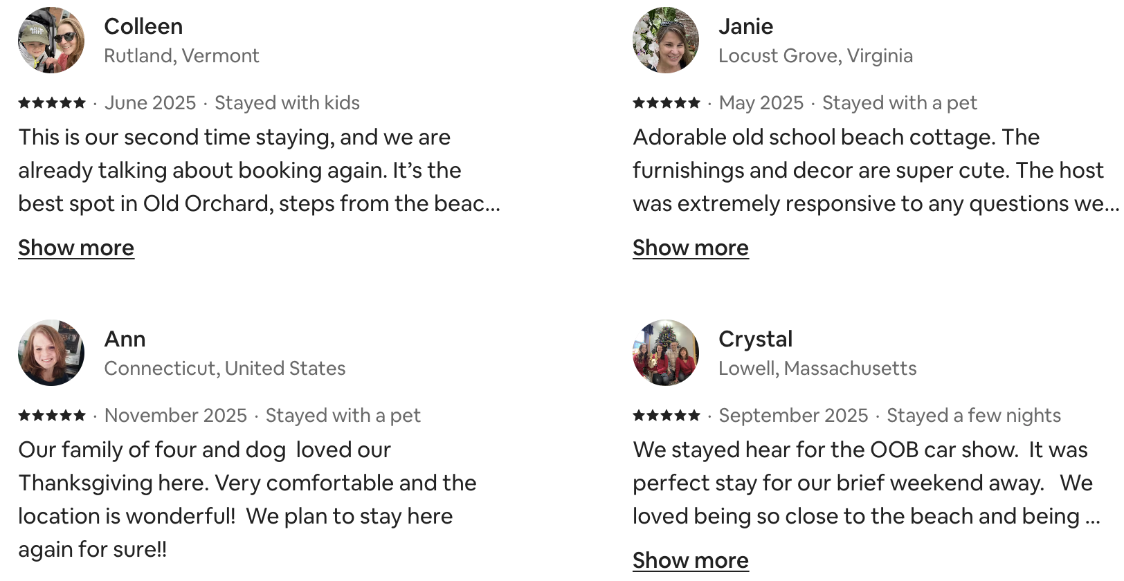 Screenshots of four guest reviews for vacation accommodations, each with a profile picture, location, date, star rating, and review text.