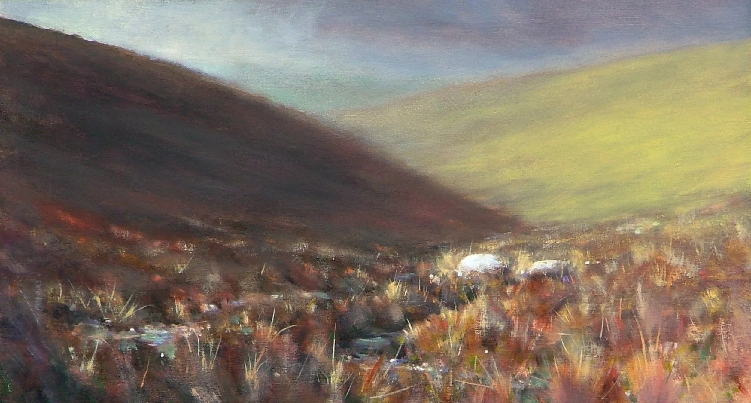 A landscape painting depicting a mountain with a green and purple sky above, and a field with rocks and small plants in the foreground.