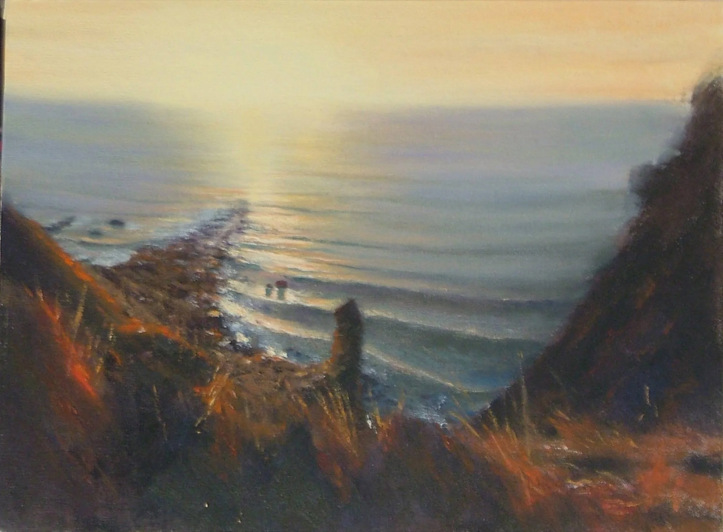 A painting of a seaside landscape at sunset with cliffs, water, and a colorful sky.