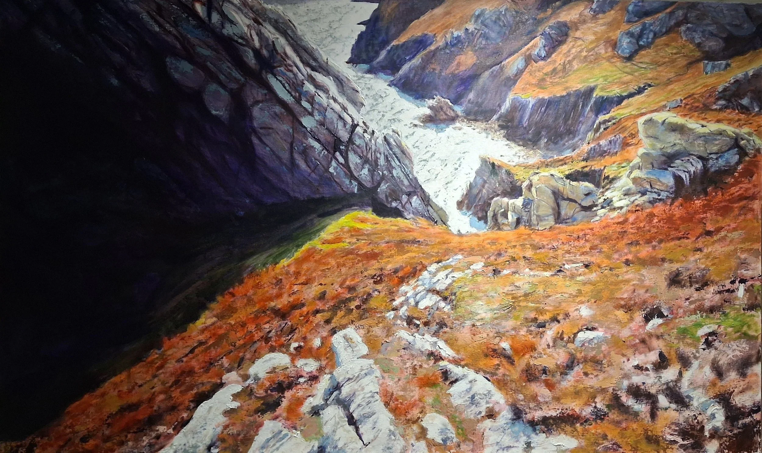 A painted landscape of Lundy Island's steep windswept cliff walls at Gannet's Rock.