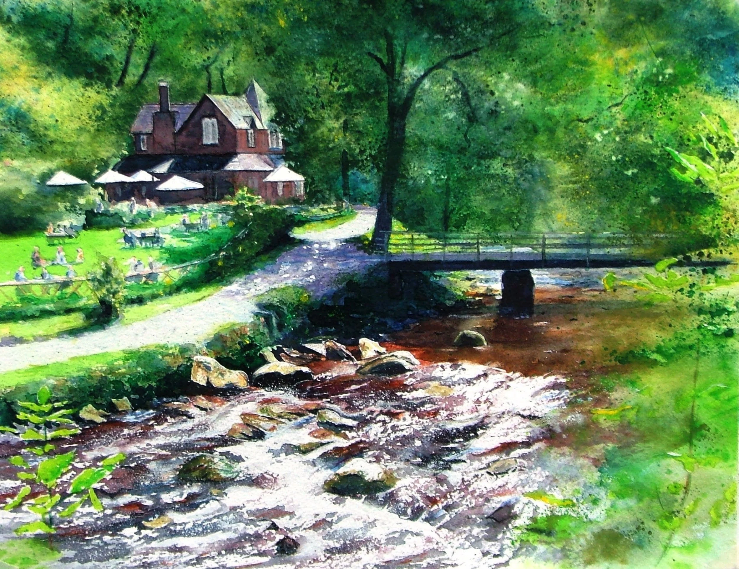 Watercolour painting by T.N.Williams of Watersmeet House, Lynton Devon