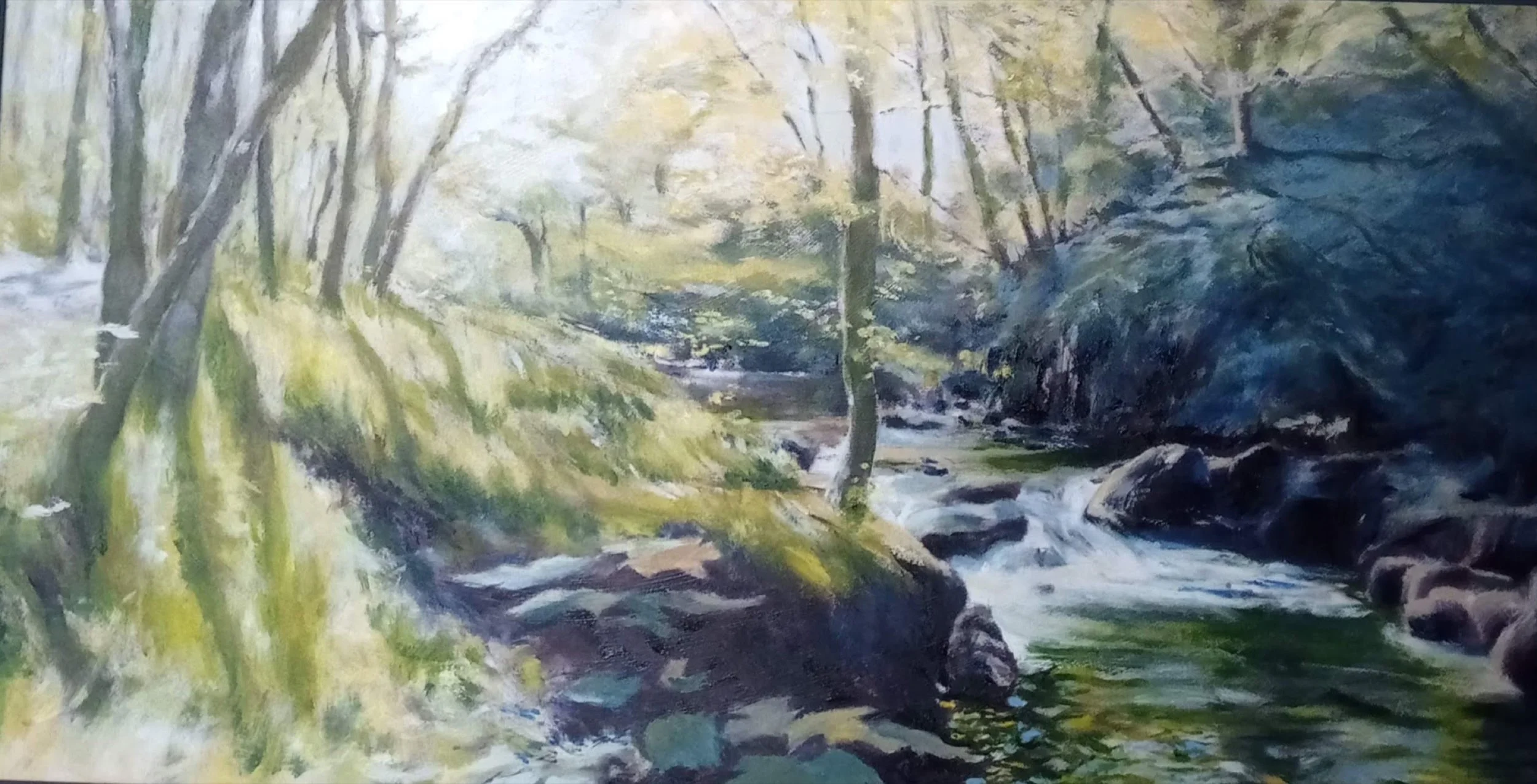A serene oil painting of the East Lyn River on Exmoor between Rockford and Brendon with early light cutting through green trees.